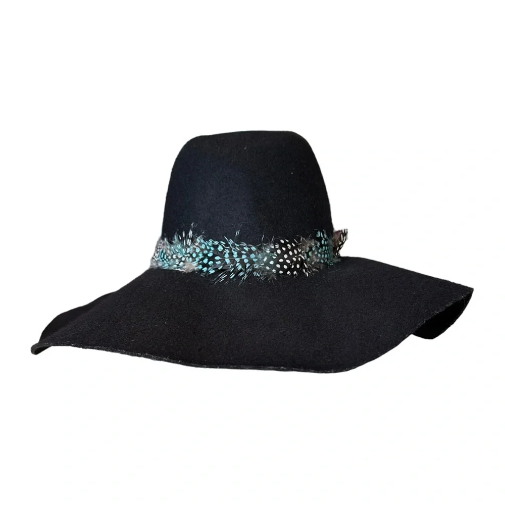 American Eagle Women’s Boho Wide Brim Floppy Hat Black 100% Wool Feather Trim